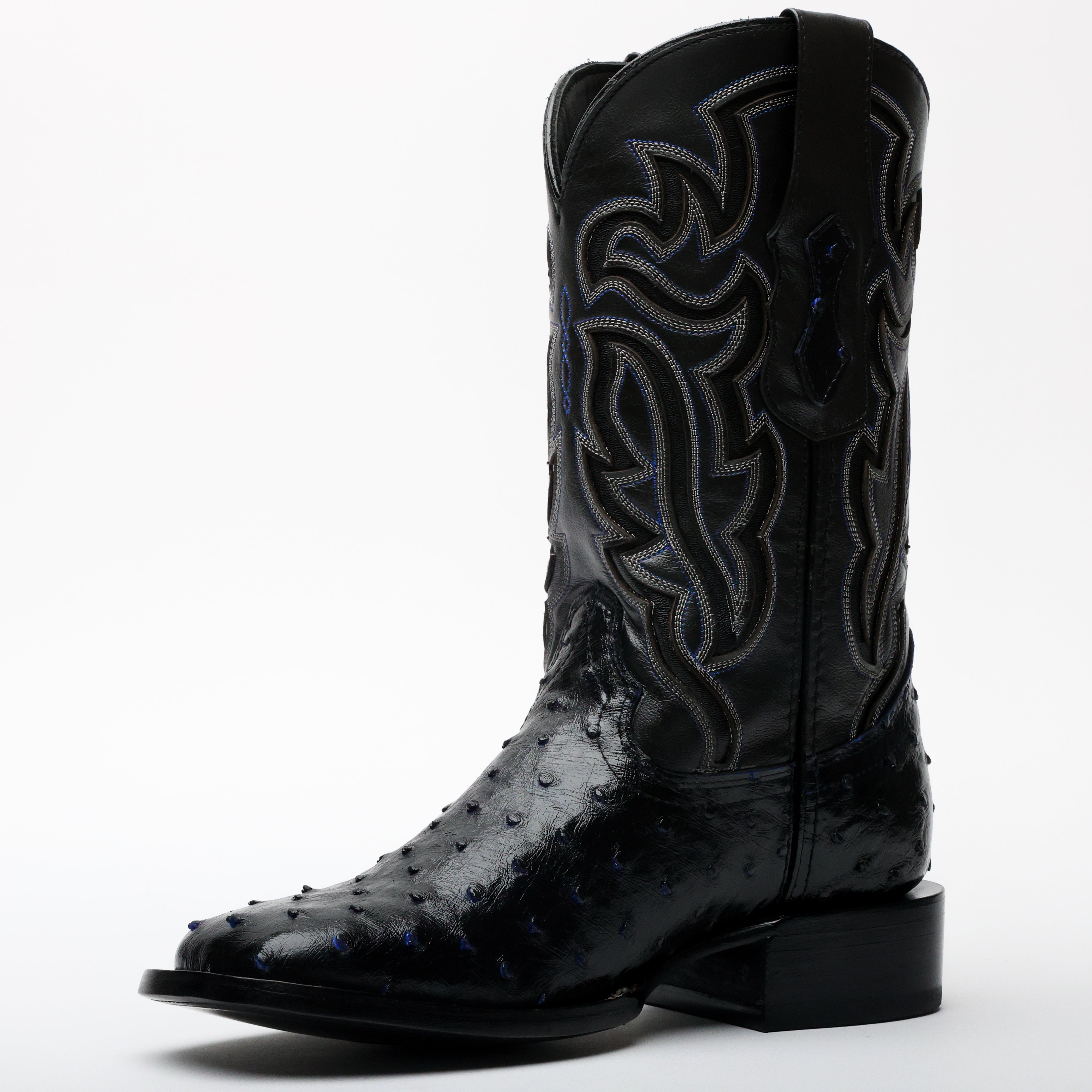 Black/Blue Ostrich Leather Boots - Square Toe