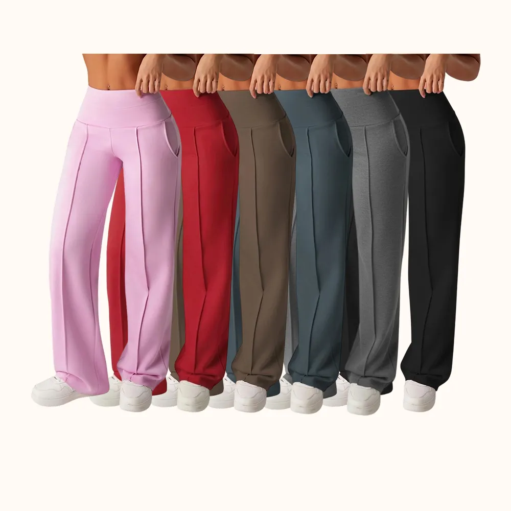 Women's Plain Loose Straight Leg Pants, Wide Leg High Waist Sporty Casual Sweatpants with Pockets