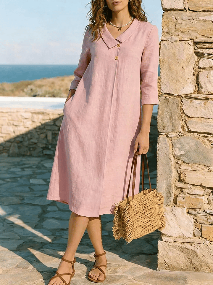 Women's Solid Color V-neck 3/4 Sleeve Casual Loose Cotton Linen Dress- Fast Shipping
