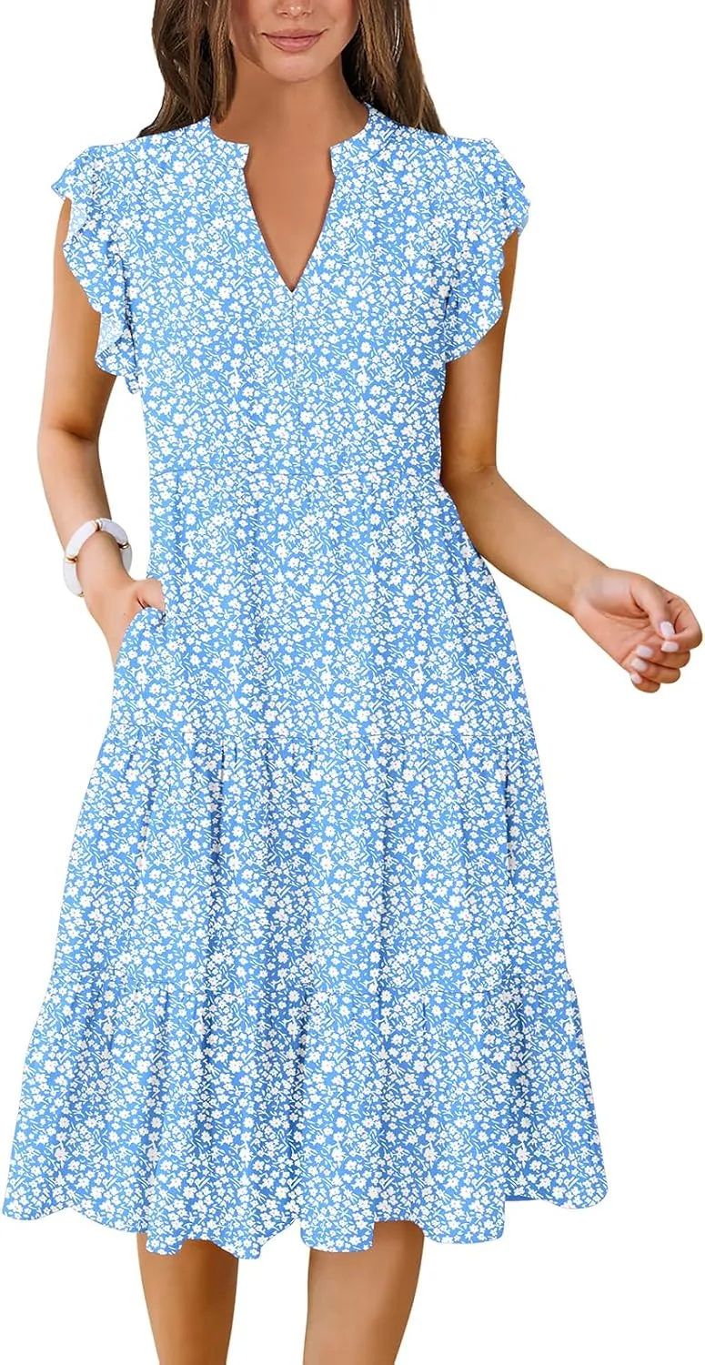 Women's Ruffle Sleeve V-Neck Tiered Midi Dress