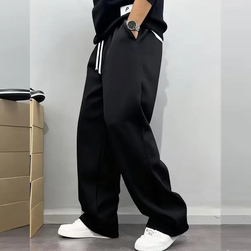 Men's Casual Fashionable Versatile Trendy New Plain Simple Drawstring Wide-Leg Long Pants
