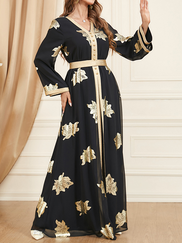 Belted Muslim Printed Split-Front Long Sleeves V-Neck Two Pieces Set Maxi Dresses