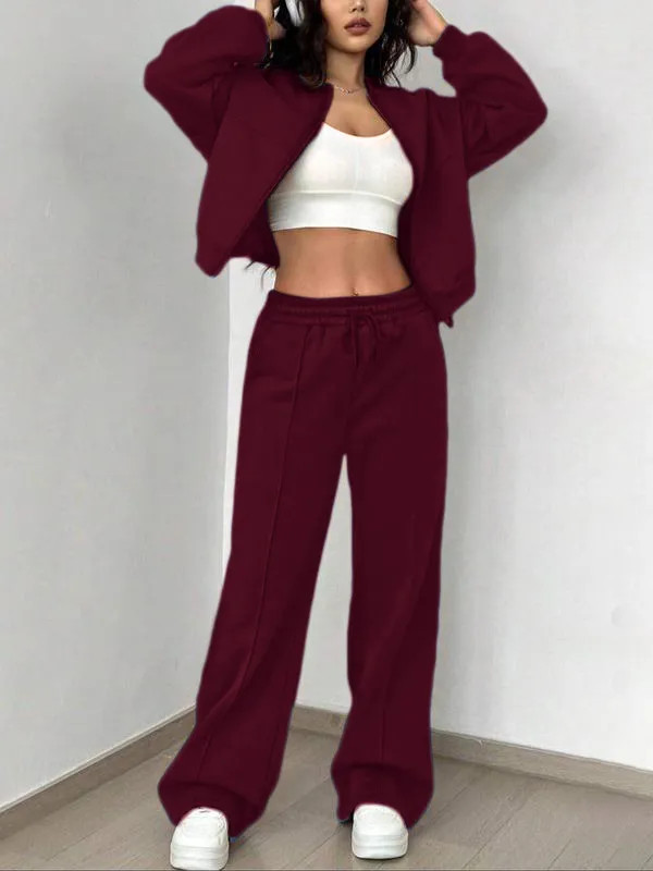 Two-piece Set Women's Solid Zip Up Drop Shoulder Jacket & Pocket Elastic Waist Pants