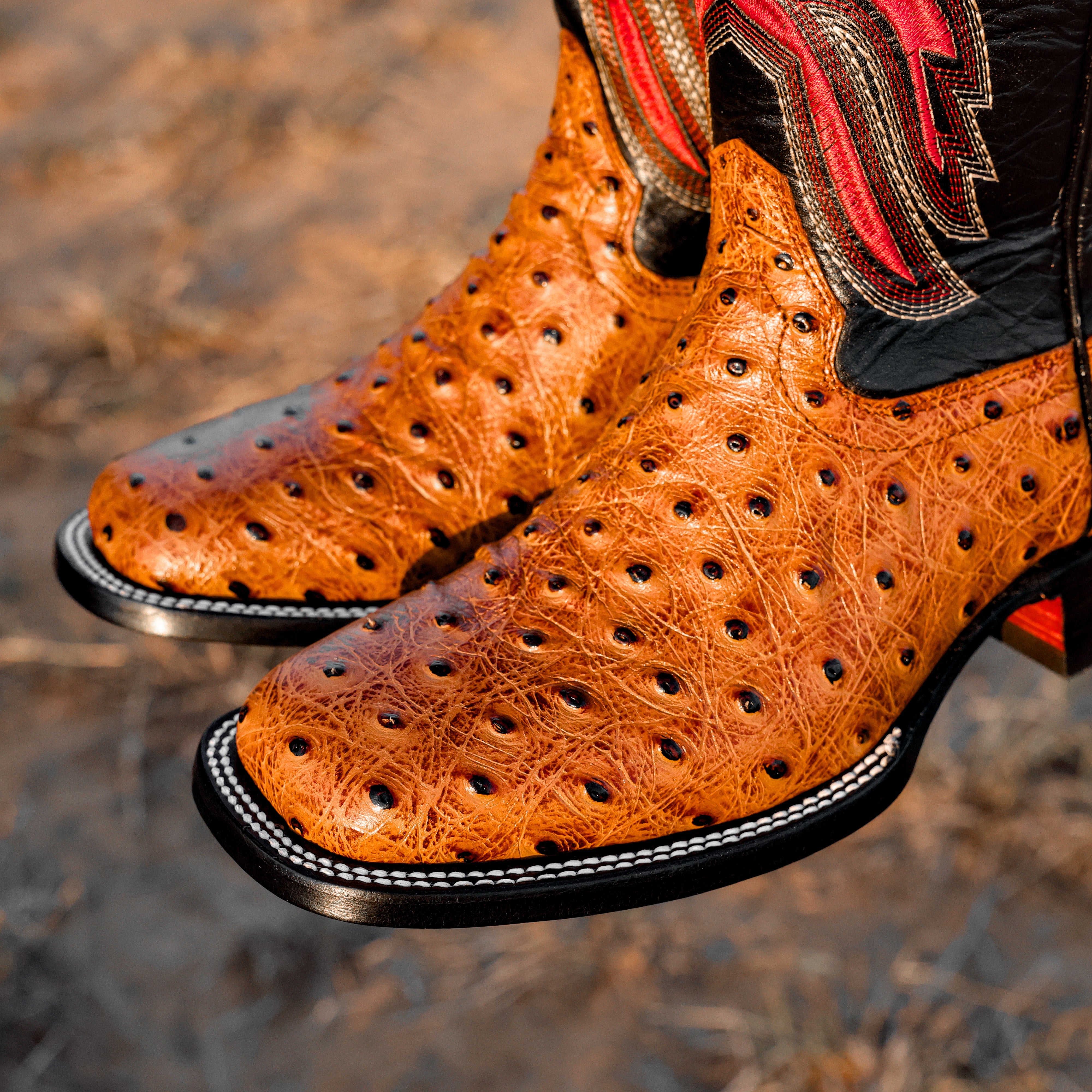Distressed Cognac Ostrich Leather Boots - Square Toe