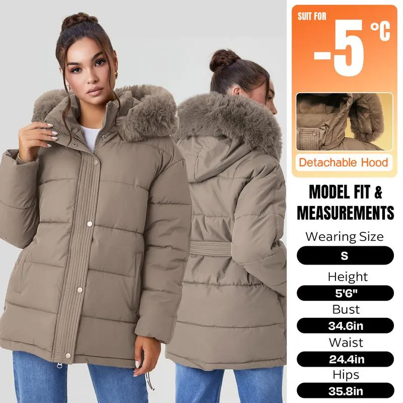 Women's Versatile Solid Color Fluffy Hooded Zip-Up Belt Decor Cotton Coat