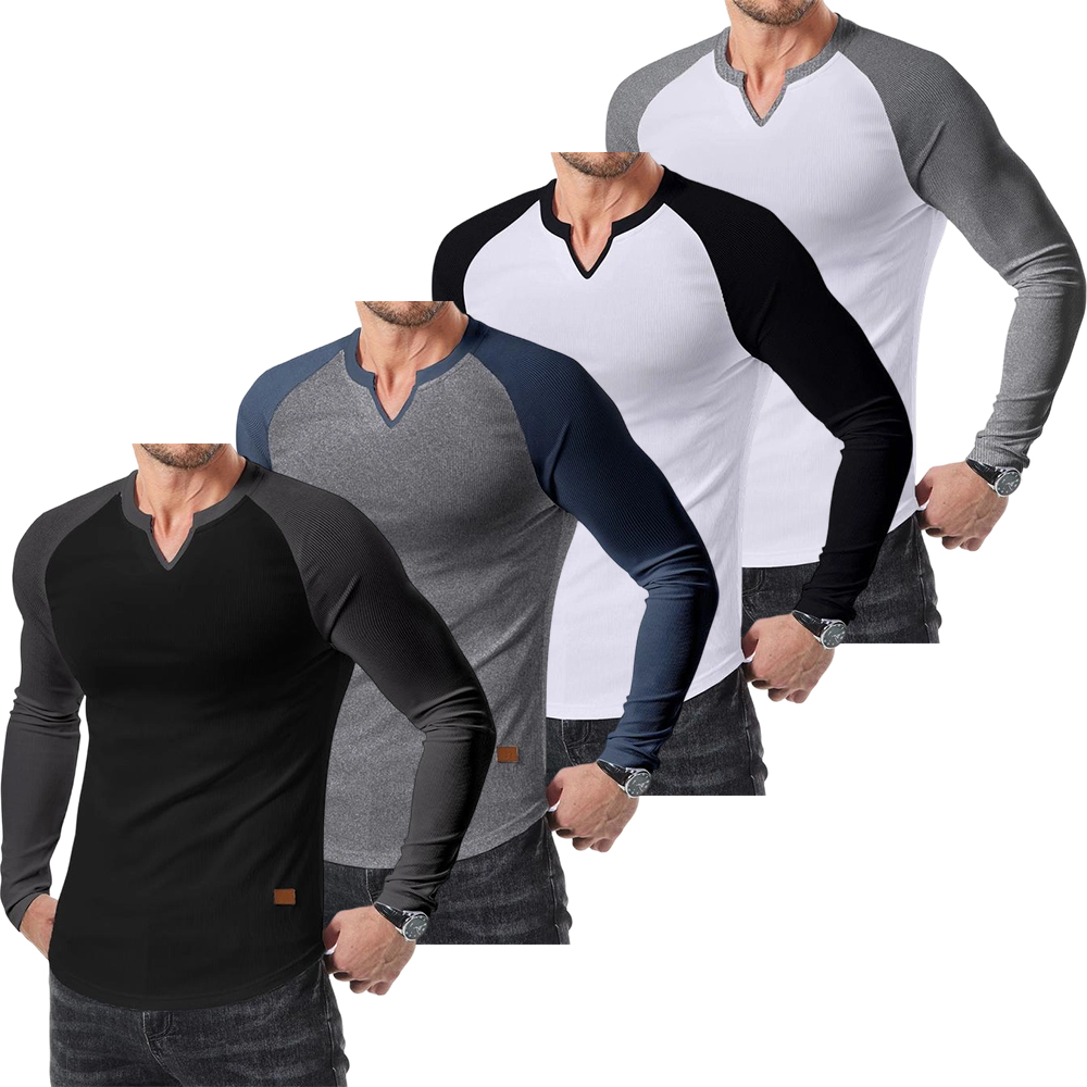 Mens Long Sleeve Muscle T Shirts Casual V-Neck Longline Ribbed Tee Shirts