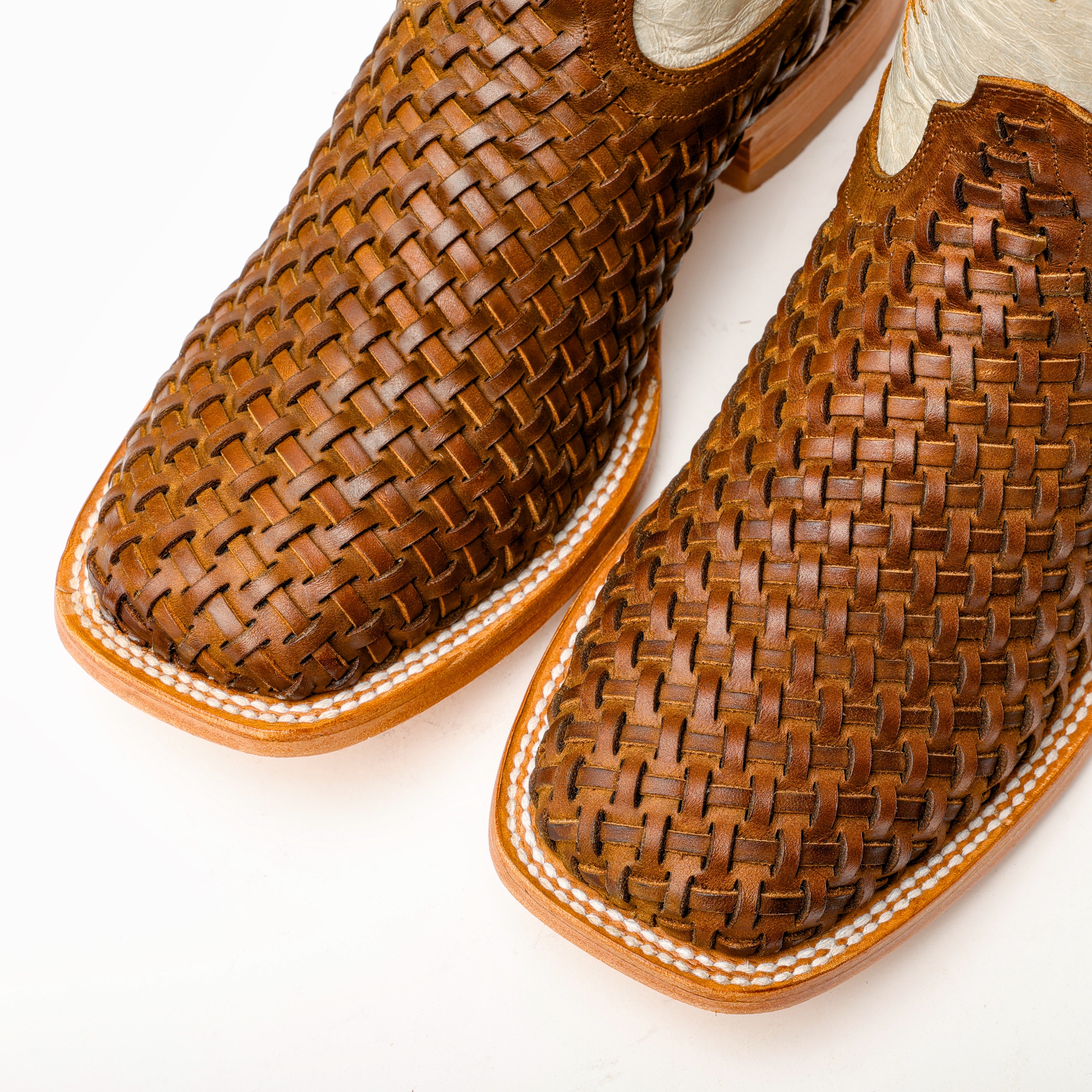Tan Basketweave Leather Boots - Square Toe