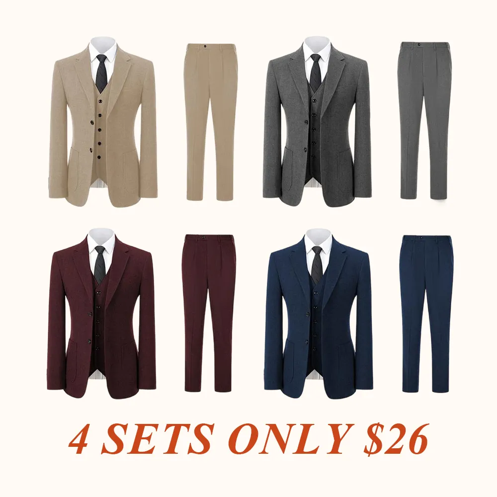 Men's Retro 3-Piece Tweed Herringbone Suit Set Two-Buttons Blazer Vest Pants Autumn New Arrival Formal Business Attire