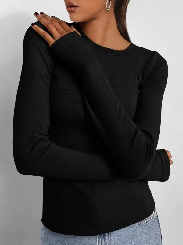Women's Casual Long Sleeve Crew Neck Top - Slim Fit Basic Going-Out Blouse for Summer & Fall