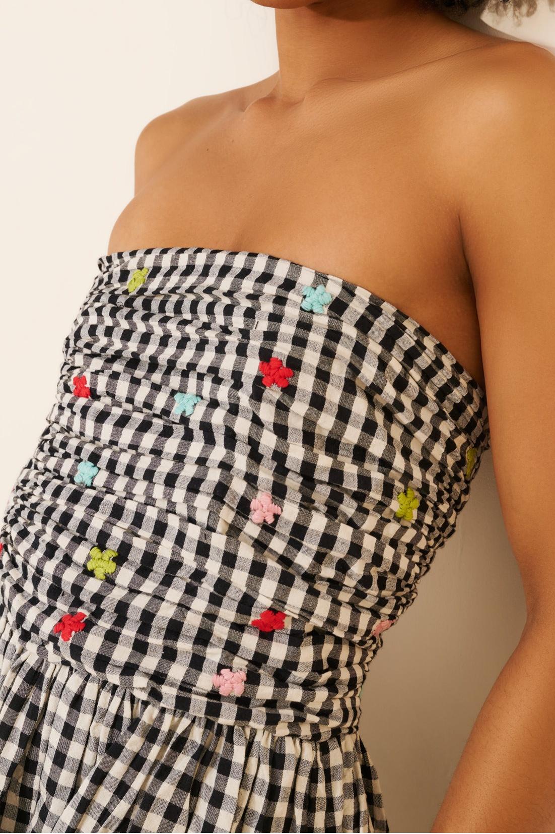 Strapless Gingham Floral Decal Dress