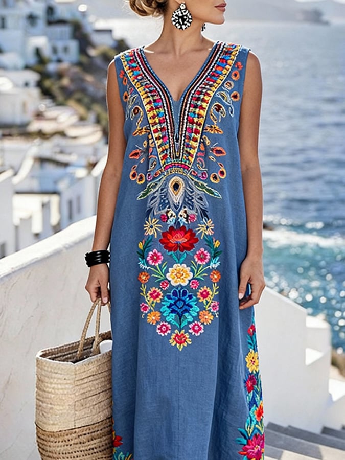 Women'S Casual Color-Block Cotton And Linen Dress- Fast Shipping