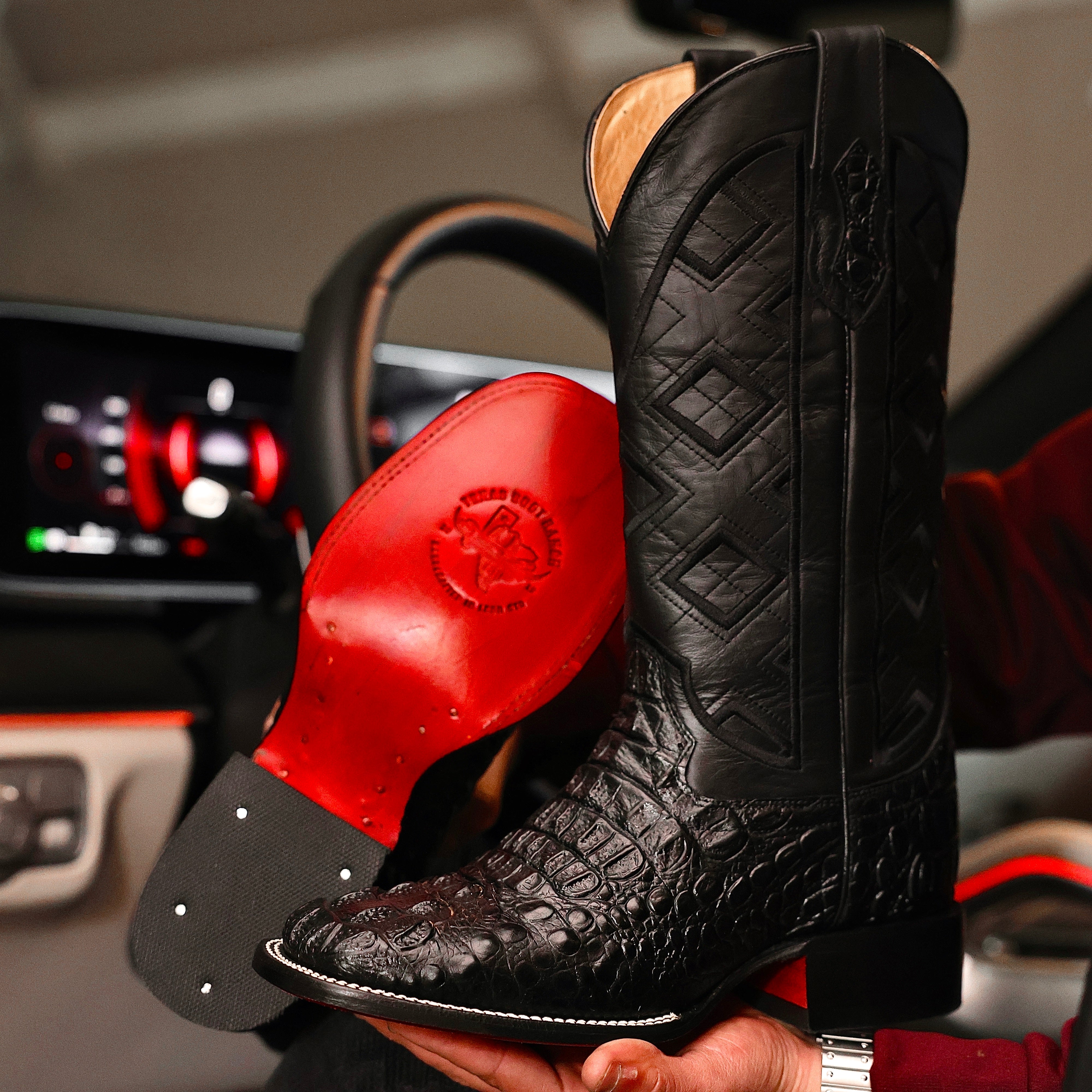 Black Caiman Neck Leather Boots - Square Toe