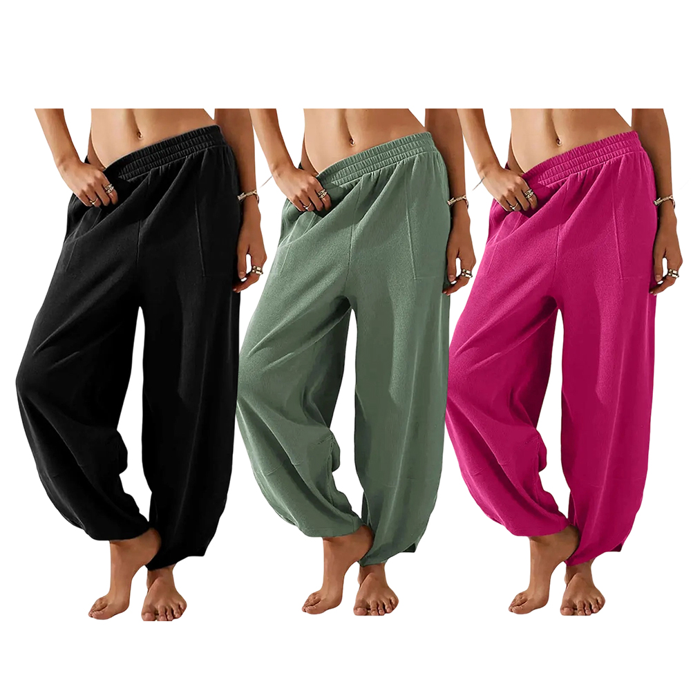 Women's Baggy Wideleg Pants Casual Elastic Waisted Palazzo Harem Pants with Pockets