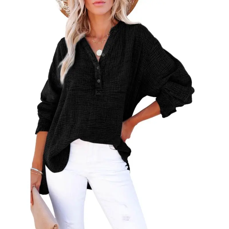 Women's Casual Button V Neck Long Sleeve Shirts Oversized Solid Blouses Tops