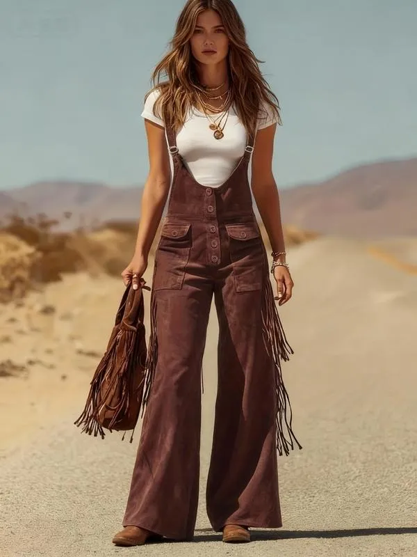 Women's Retro Faux Suede Fringe Wide-Leg Cargo Pants