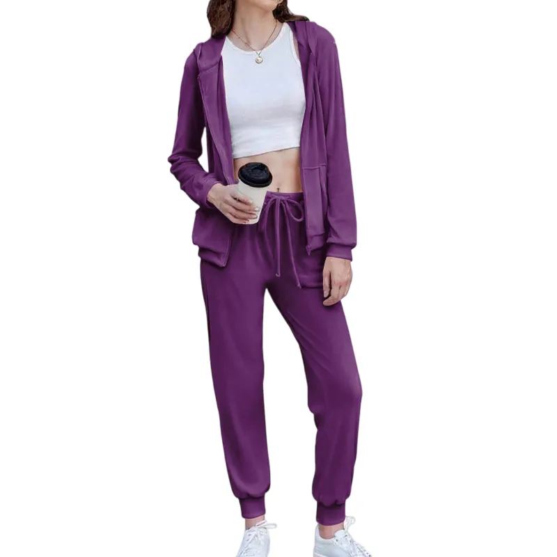 Women's Casual Velour Tracksuit Set Full Zipper Hoodie