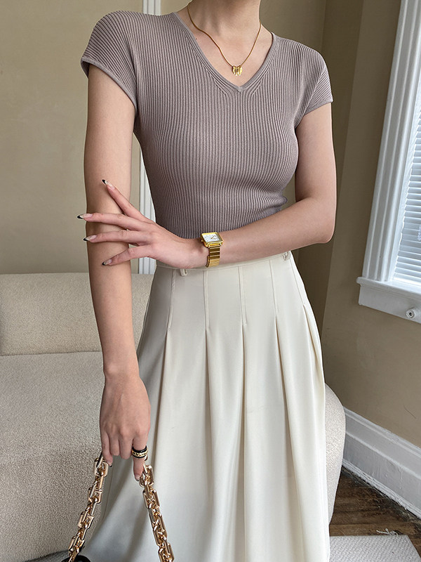 Solid Color Short Sleeves Skinny V-Neck T-Shirts