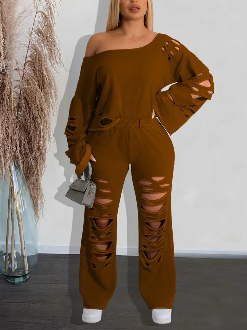 Women's Ripped Asymmetrical Neck Pullover & Wide Leg Pants Set