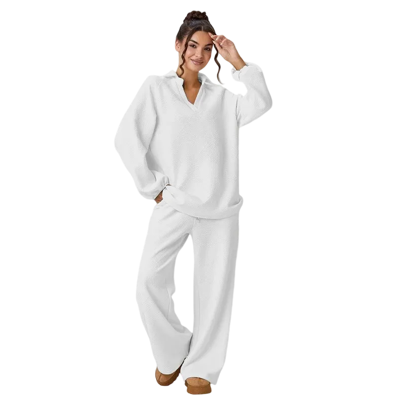 Women's loose-fitting V-neck textured pullover and drawstring waist pants set