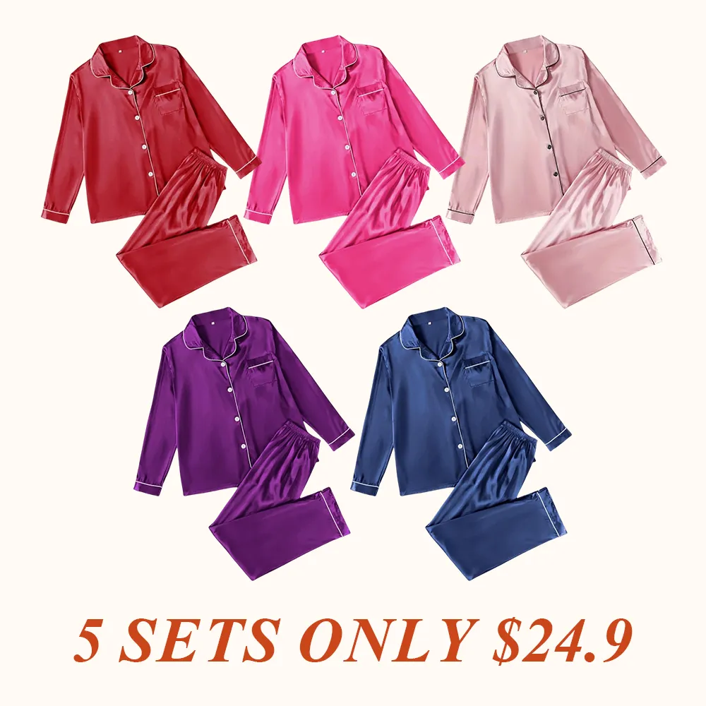 Two-Piece Set Women's Solid Contrast Binding Satin Pyjamas