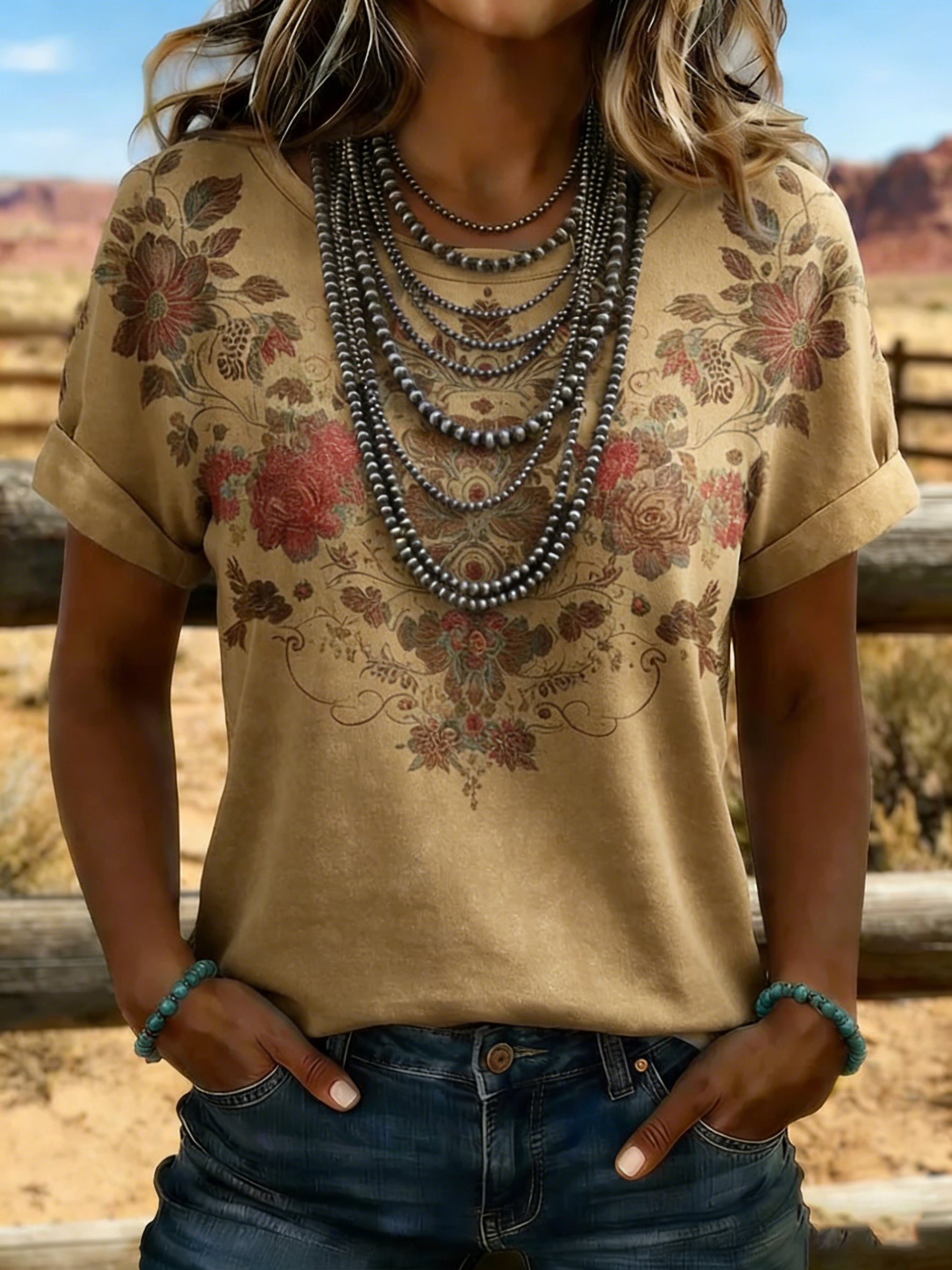 Women's Casual Retro Western Print T-shirt