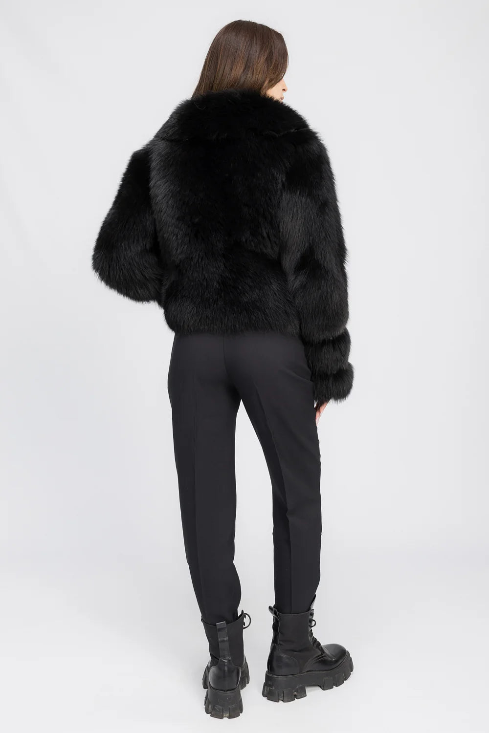 Haină din Blană Naturală de Vulpe Polară, cu Guler Rever, Femei, Diamond Black 470