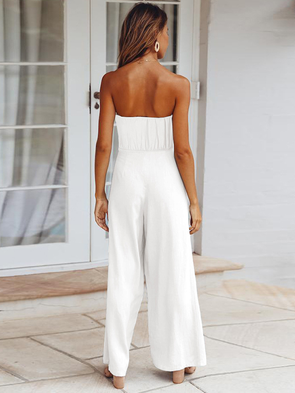 Original Cold Shoulder Tied Solid Color Straight Leg Jumpsuits
