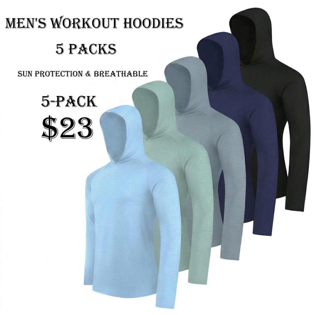 5 Pack Men's Dry Fit Athletic Shirt Long Sleeve Fishing Hoodies Workout Tops For Men UPF SPF Sun Protection