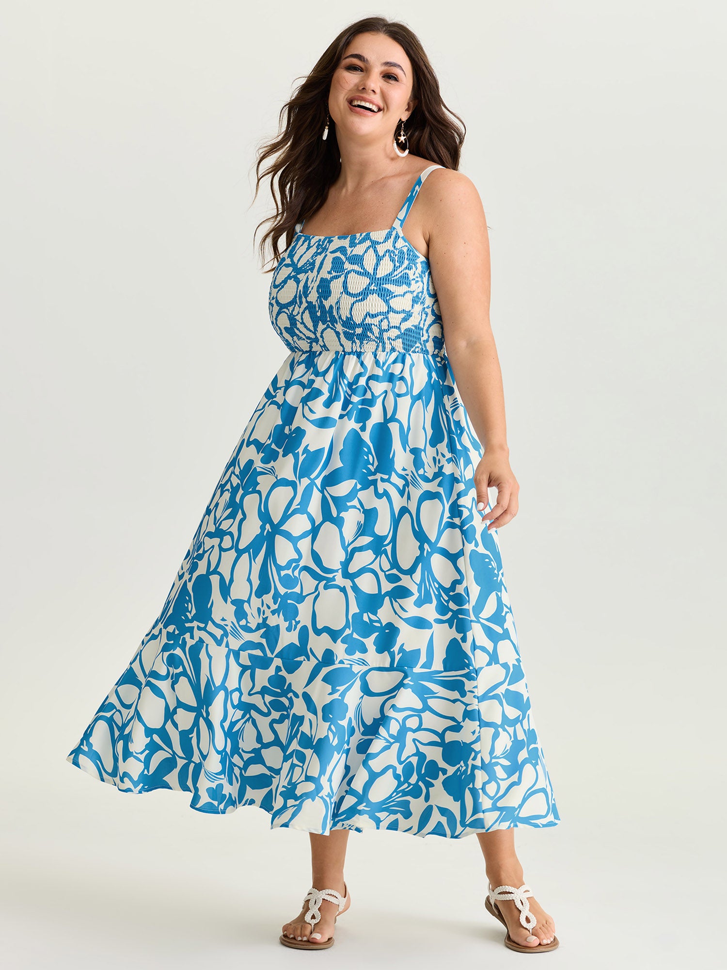 Silhouette Flower Print Shirred Cami Midi Dress