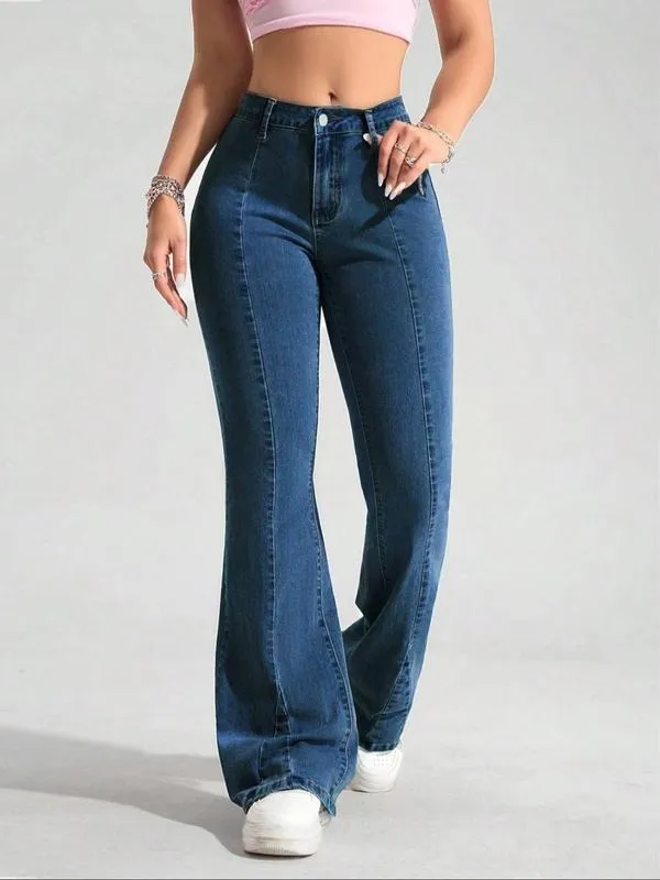 Women's Blue Washed Denim Flare Pants, Fashionable Comfortable Versatile Elastic Jeans