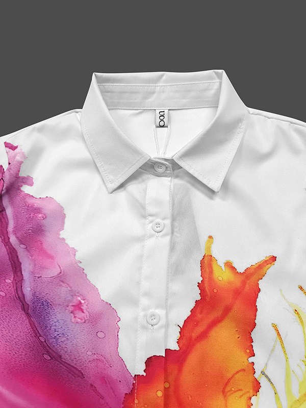 Long Sleeves Loose Floral Printed Split-Joint Lapel Midi Dresses Shirt Dress