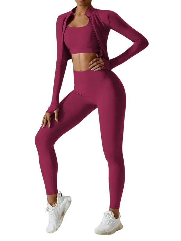 Women’s 3-Piece Workout Set – Sports Bra, Leggings & Zip Jacket with Thumbholes