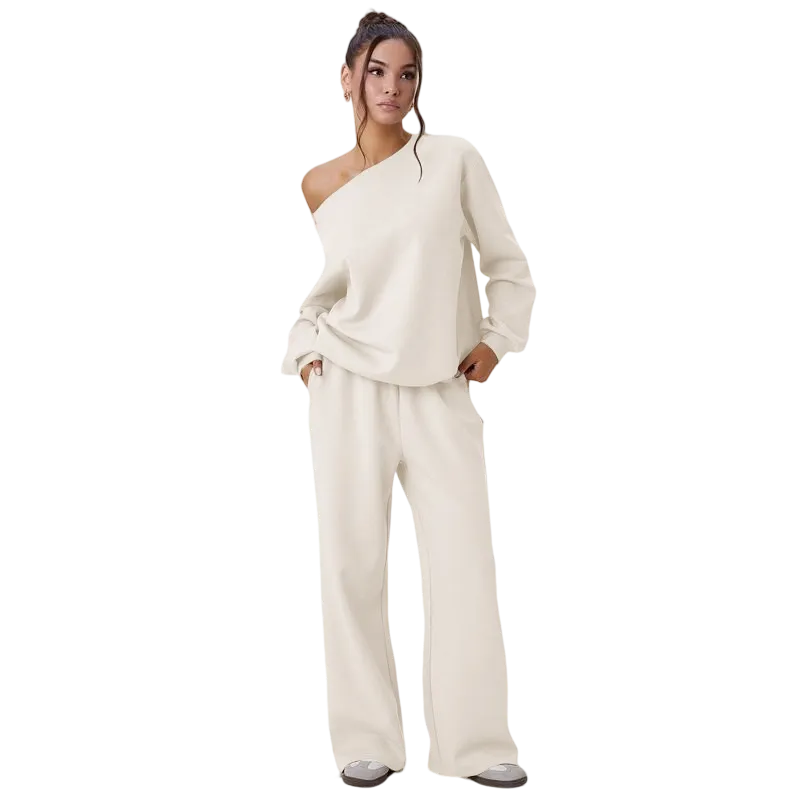 Women's Leisure Solid Color Sloping Shoulder Long Sleeve Top & Wide Leg Trousers Co-ord