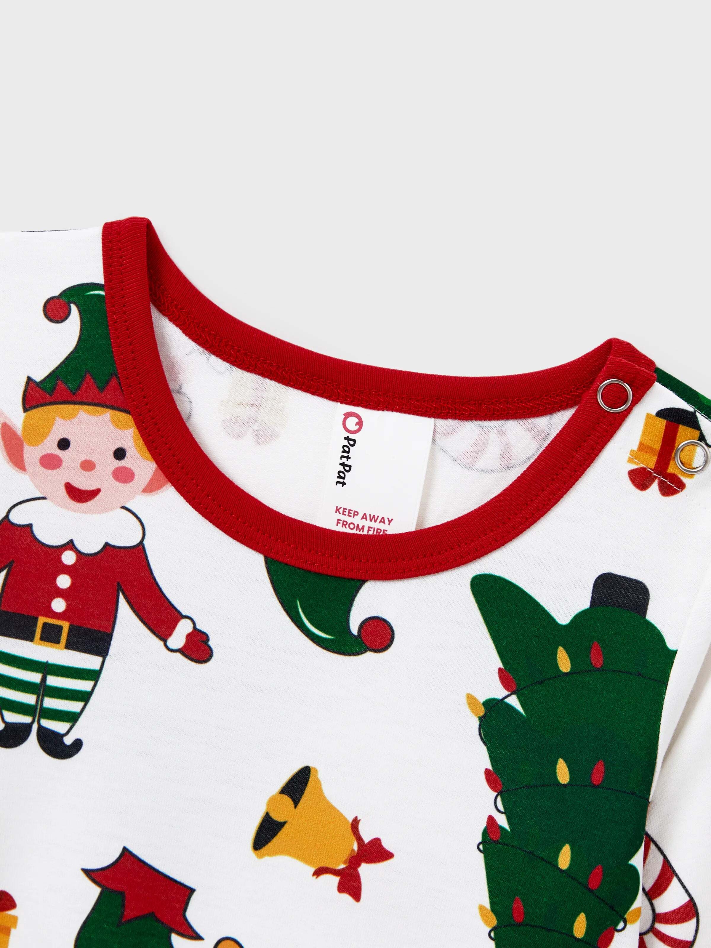 Christmas Matching Family Pajamas Set Santa Claus and Christmas Tree Print Long-sleeve PJS with Christmas Socks White