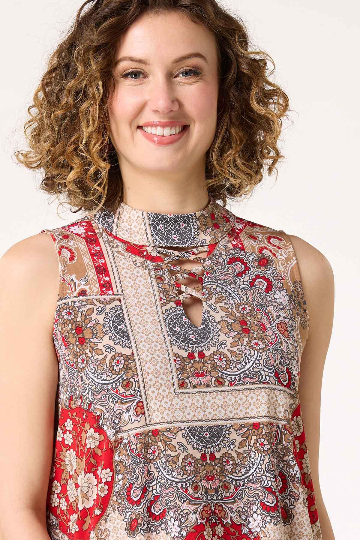 Red Medallion Lace Up Tank