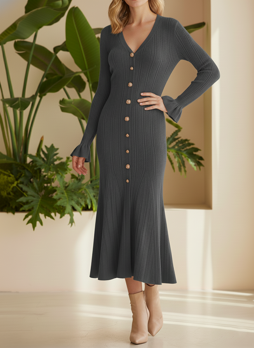 NEW🔥 Casual Solid V-Neck Woolen Dress