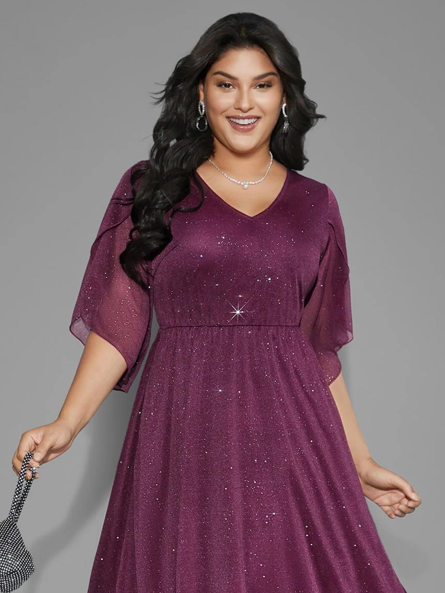 Glitter Mesh Petal Sleeve Midi Dress