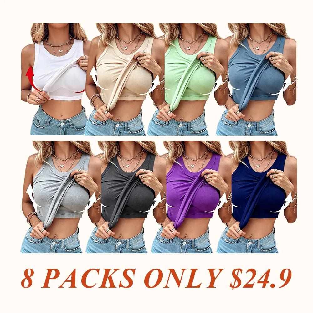 Round Neck Built-in Bra Ribbed Tank Top