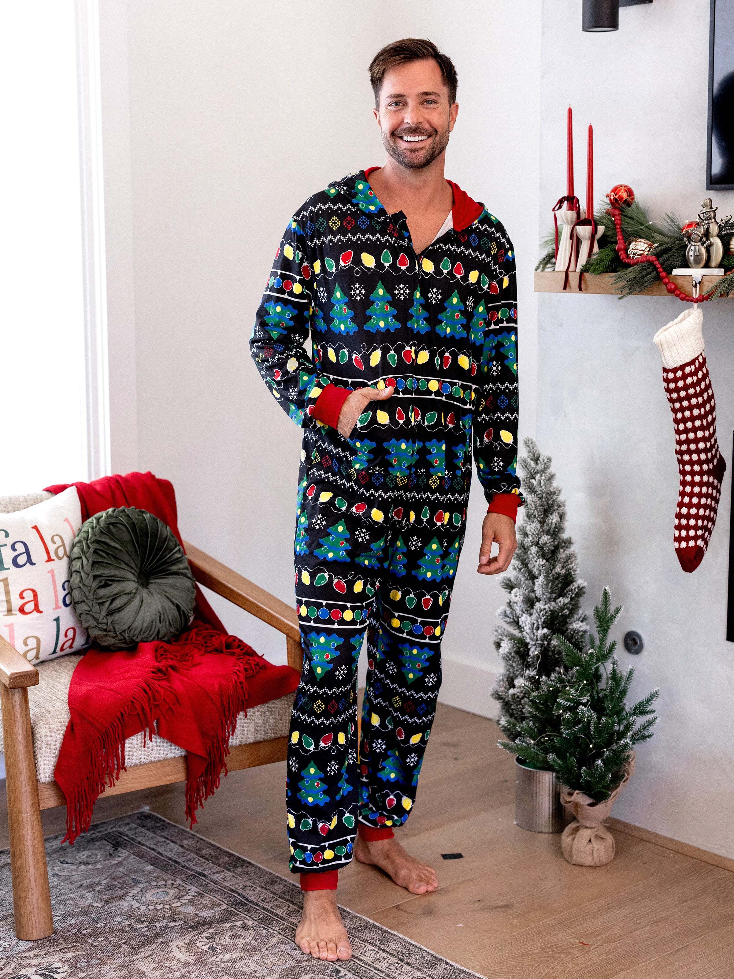 Christmas Onesies Matching Family Pajamas Set Christmas Tree Print PJS with Christmas Socks Black