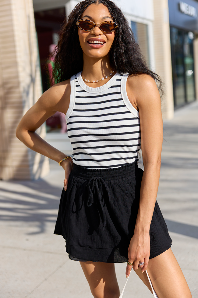 Simple Ivory and Black Ribbed Knit Stripe Tank