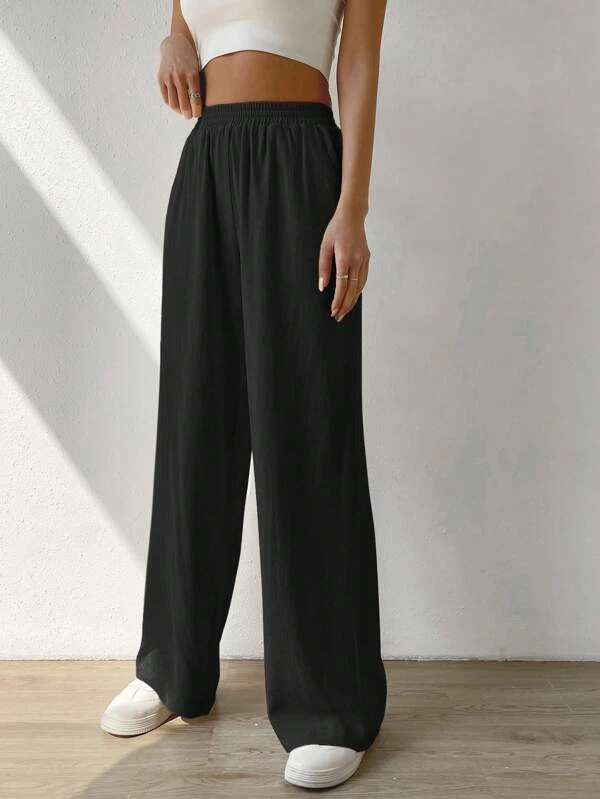 Elasticity Solid Color Split-Joint High Waisted Loose Trousers Pants