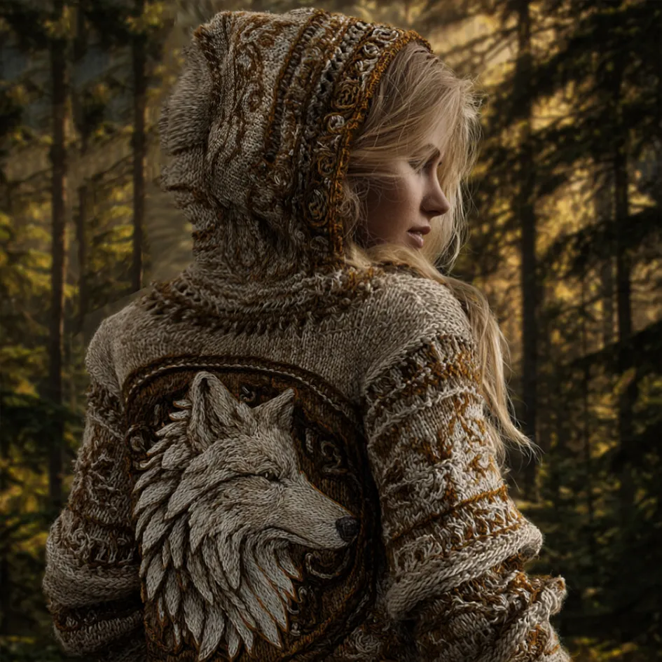 Viking Retro Style Wolf Element Women's Hooded Knit Sweater