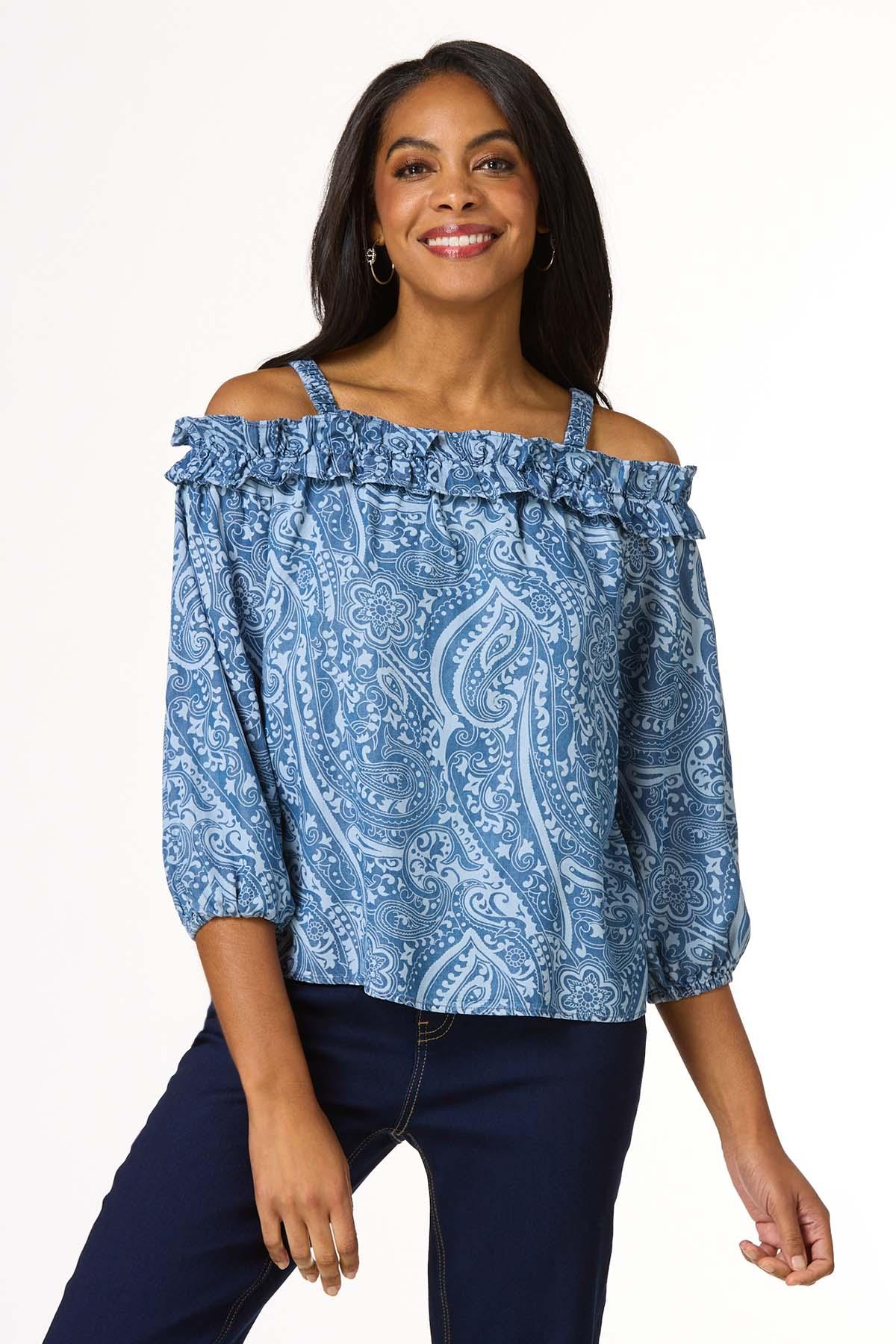 Chambray Paisley Cold Shoulder Top