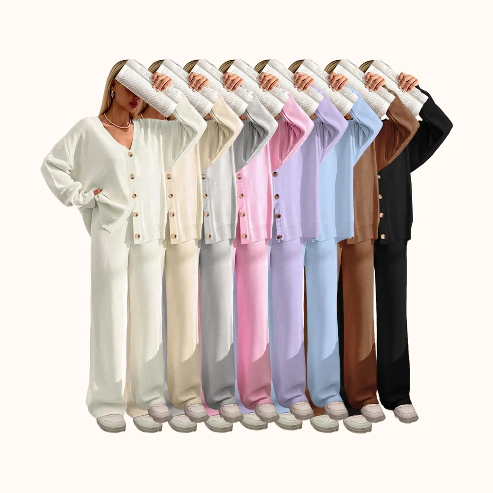 Women's Solid Button Front Drop Shoulder V Neck Cardigan & Elastic Waist Wide Leg Pants Two-piece Set, Matching Clothing Set