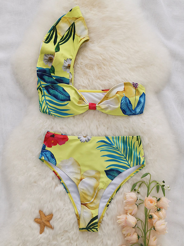 One-Shoulder Falbala High-Waisted Bikini Swimwear