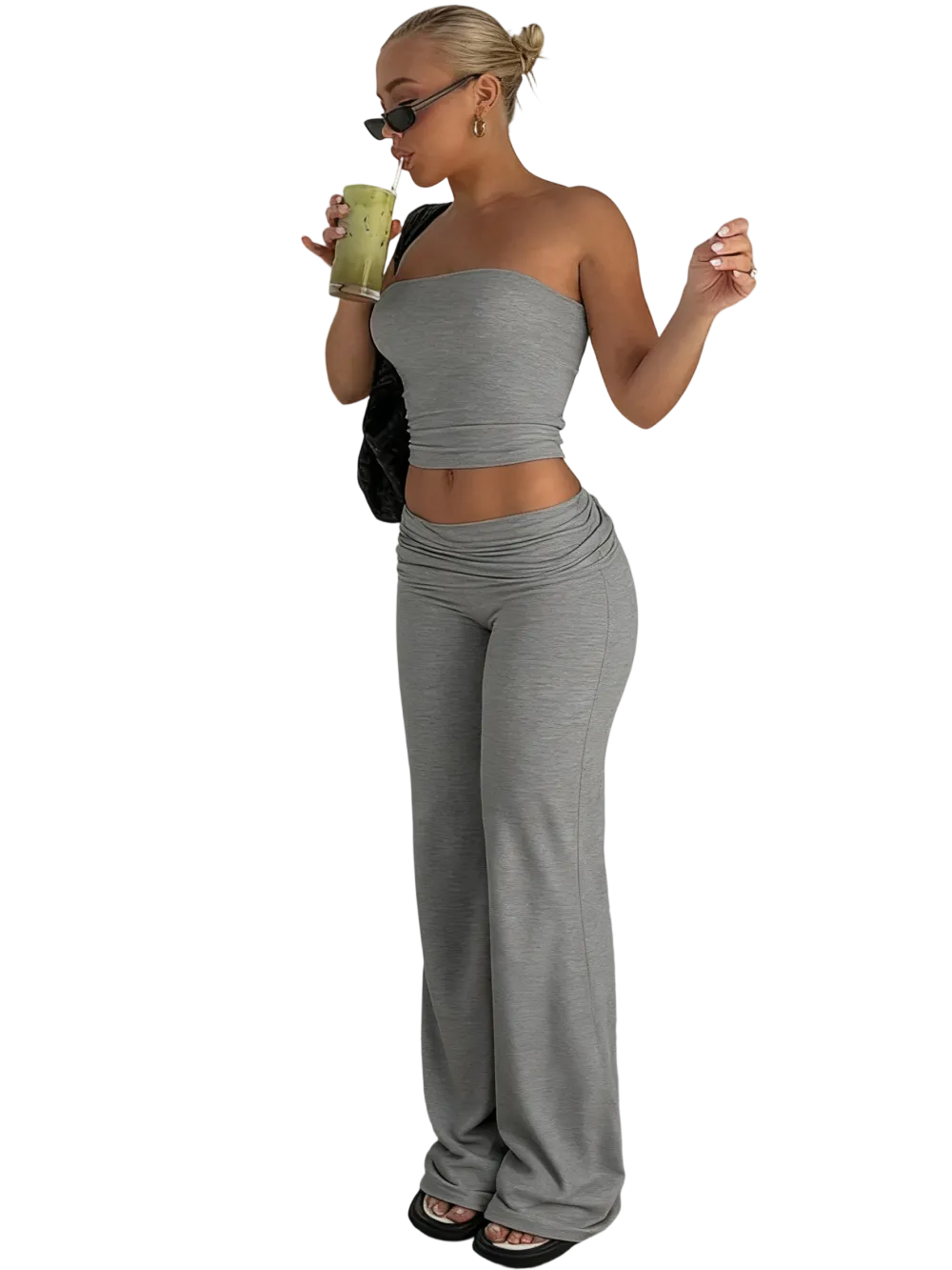 Two-Piece Set Women's Solid Crop Tube Top & Foldover Waist Flare Leg Pants