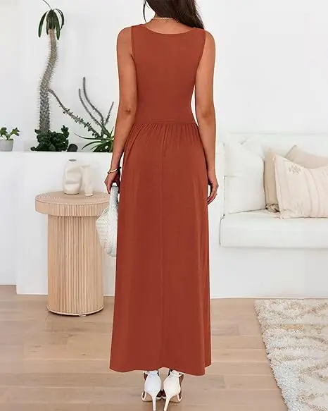 Summer Maxi Dresses for Women 2026 Spring Sleeveless Casual Ruched High Waisted Long Sundress Flowy Beach Dress