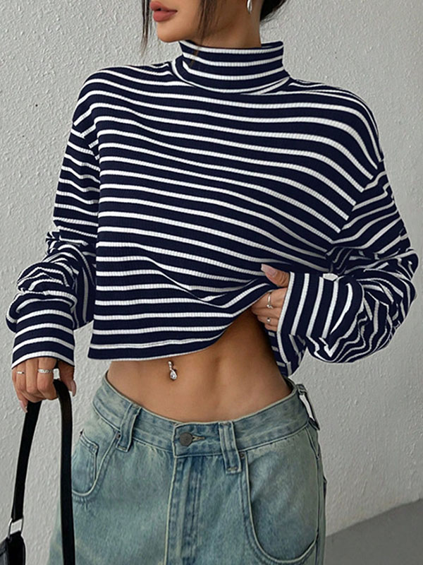 Contrast Color Split-Joint Striped Long Sleeves Loose High Neck T-Shirts Tops