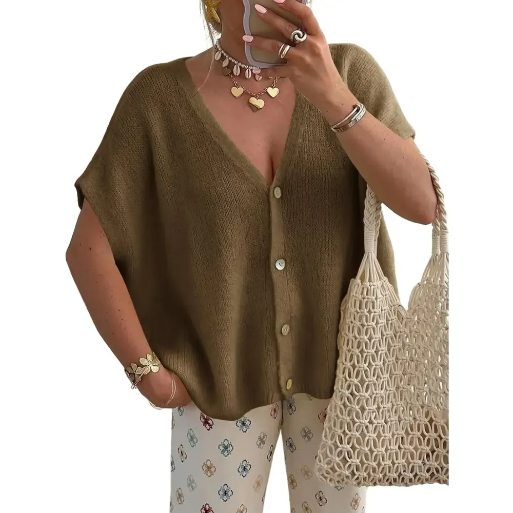 Womens Fall Oversized Cardigans Batwing Short Sleeve Lightweight Button V Neck Casual Knit Sweater Tops