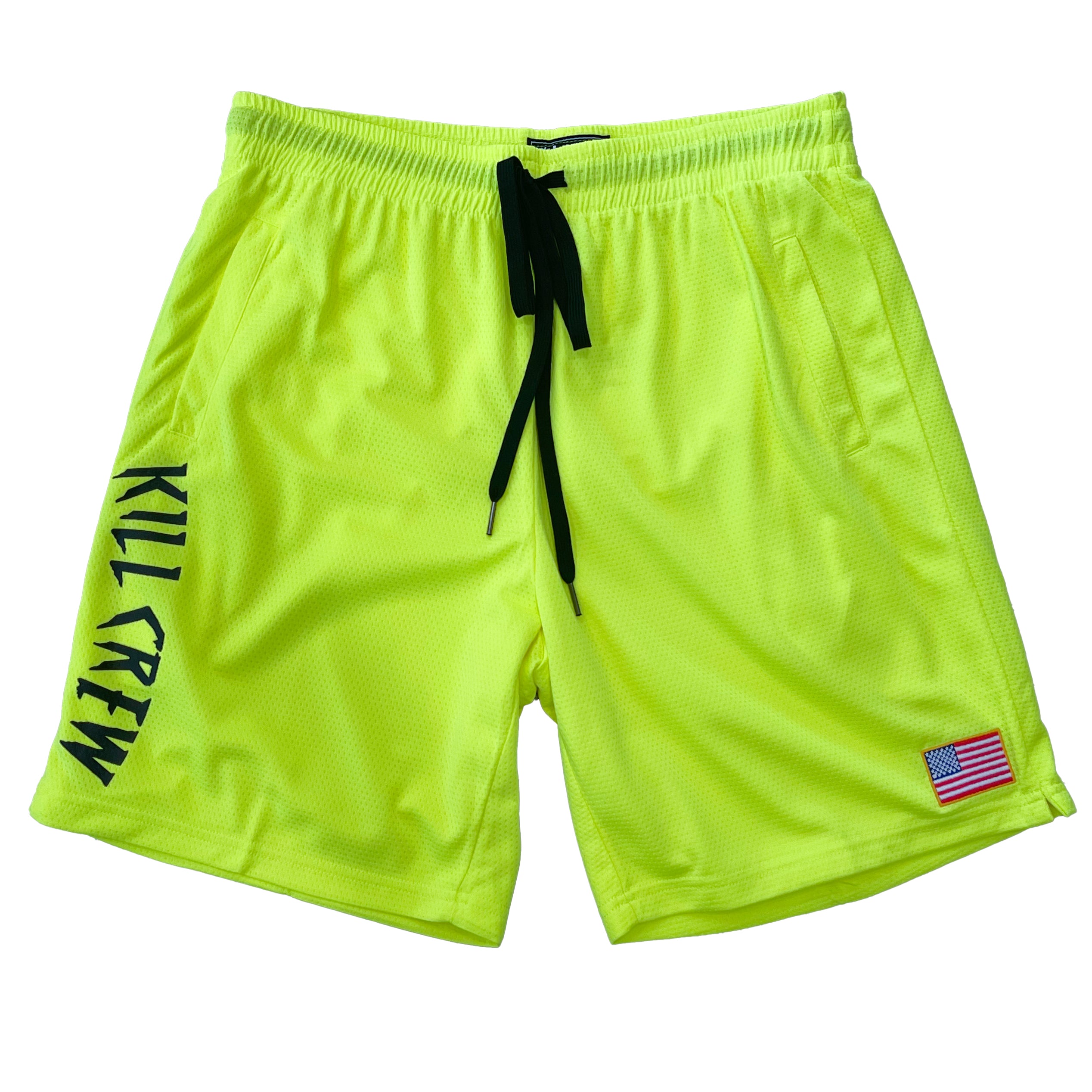 RELAXED CUT SHORTS EMBROIDERED FLAG - NEON YELLOW